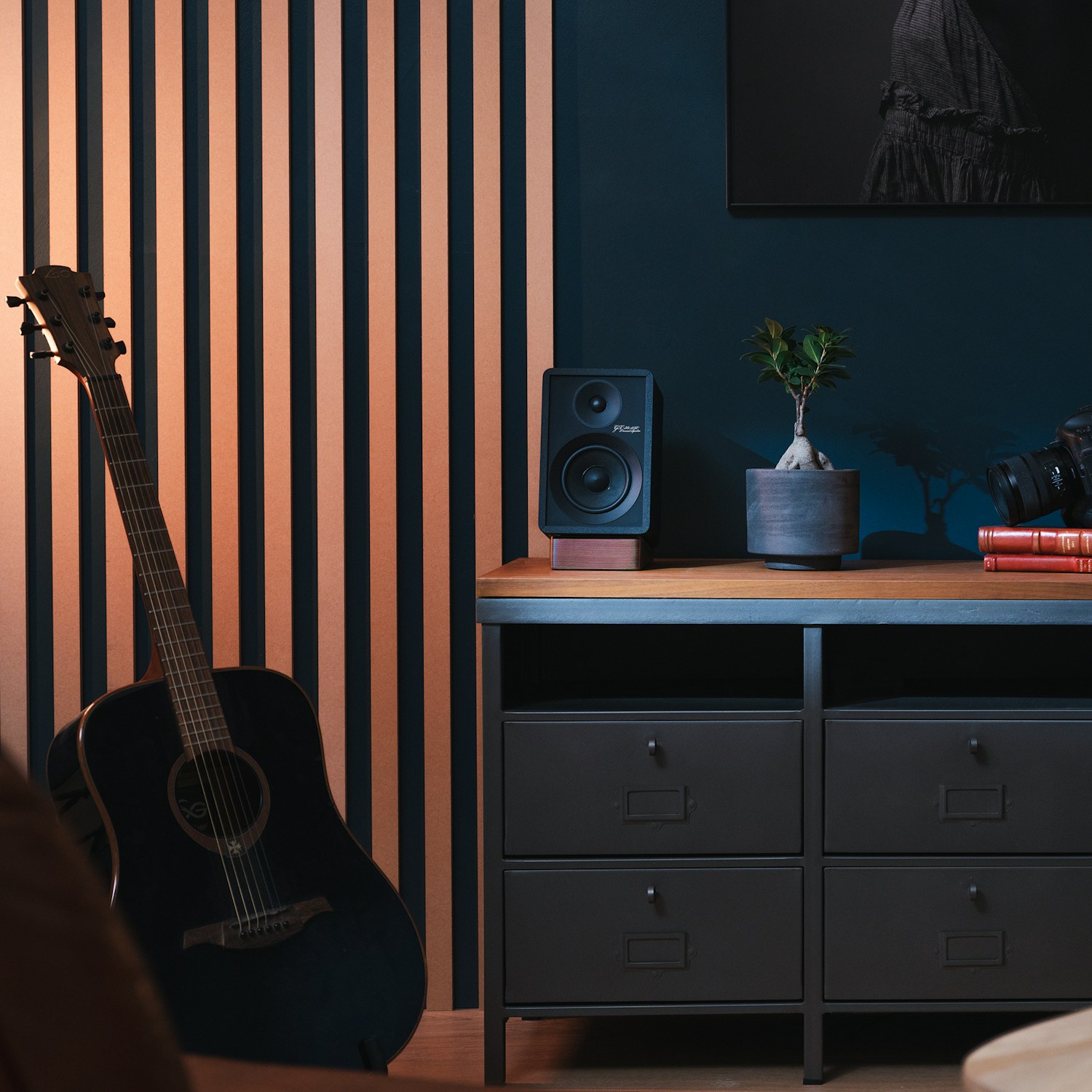 Onkyo Creator GX 30 ARC near guitar on media console 2000x2000