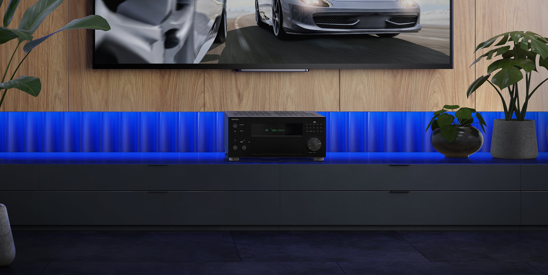 TX RZ70 On Media Console with Plants Blue Light Behind 1920x964