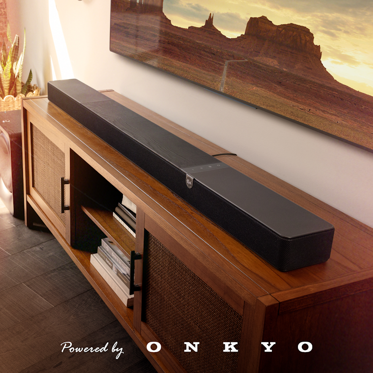 Flexus CORE 300 BK on media console with beautiful southwestern American landscape on tv 2000x2000 2