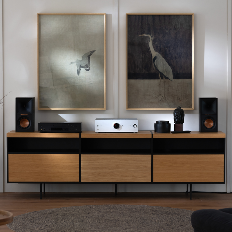Onkyo Icon A 50 and C 30 Silver and Klipsch bookshelf speakers on media console with crane art on wall behind 2000x2000