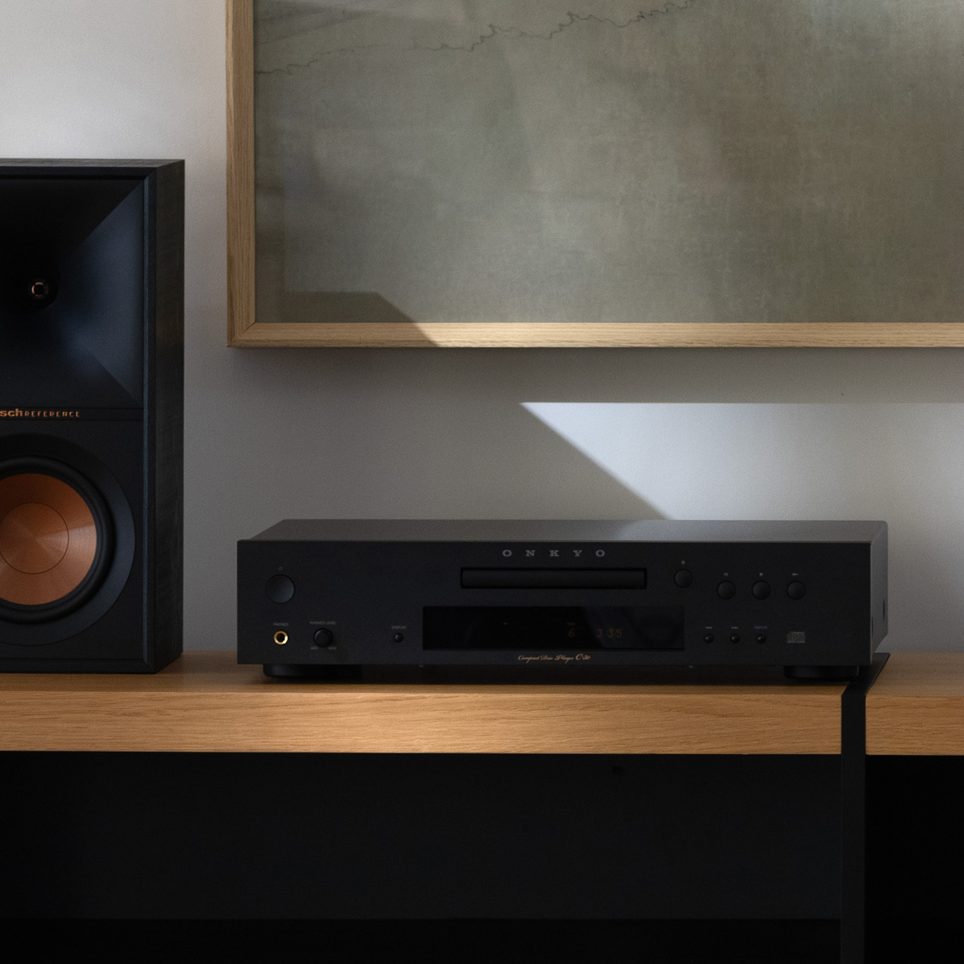 Onkyo Icon C 30 on shelf beside Klipsch bookshelf speaker 2000x2000