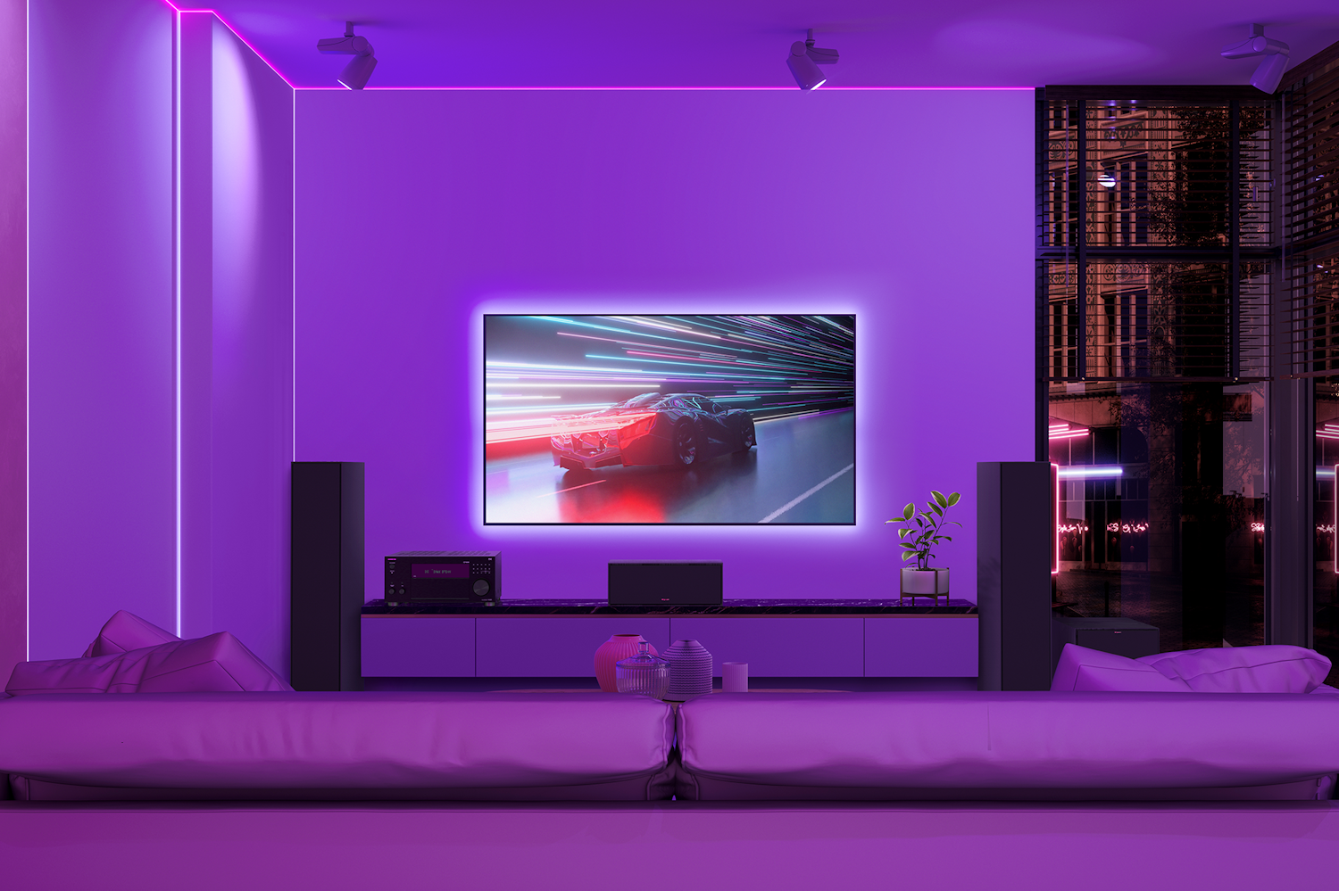 TX RZ70 and Klipsch Home Theater System in Purple LED Lit High Rise Condo 2000x1333