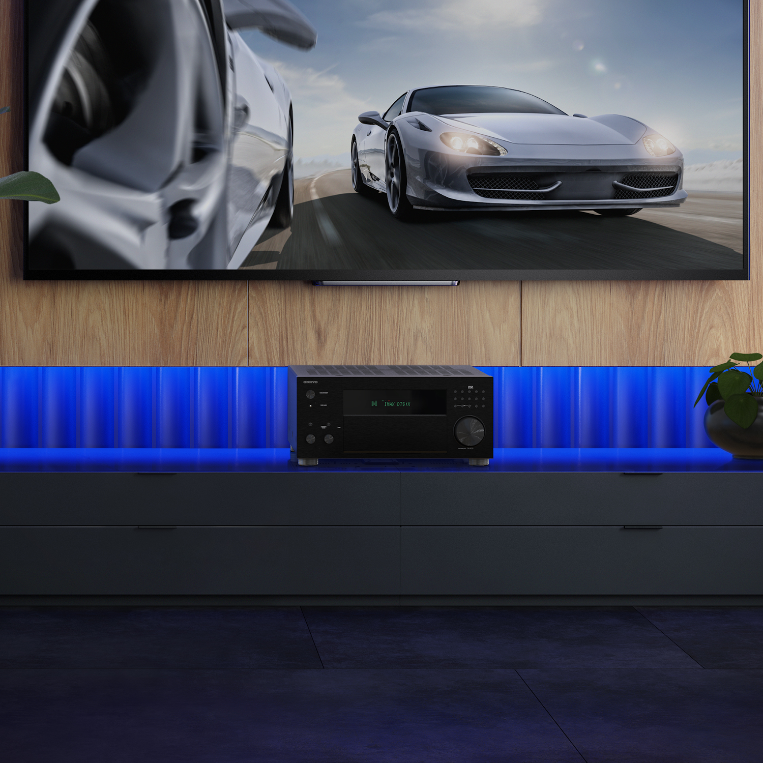 TX RZ70 On Media Console with Plants Blue Light Behind 2000x2000